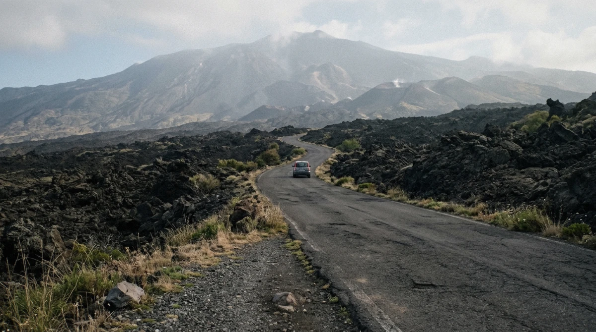 A paved road climbing through black lava fields toward the Mount Etna summit zone in eastern Sicily