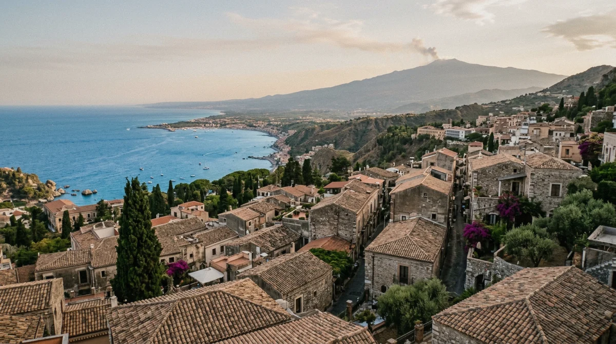 Taormina rooftops above the Ionian coast with Mount Etna faint on the horizon in Sicily